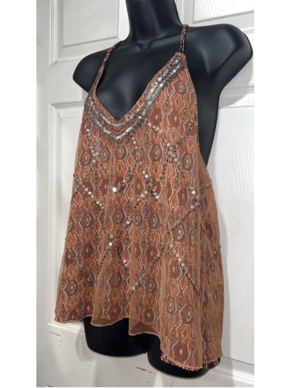 Women's BKE Brown Orange Patterned Sequin Halter Tank Top